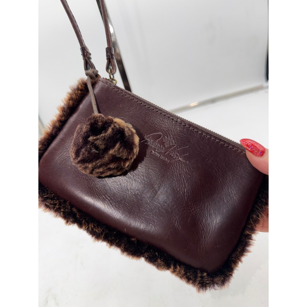 Patricia Nash Brown Italian Leather Faux Fur Trim Wristlet Pouch Pom Pom Charm